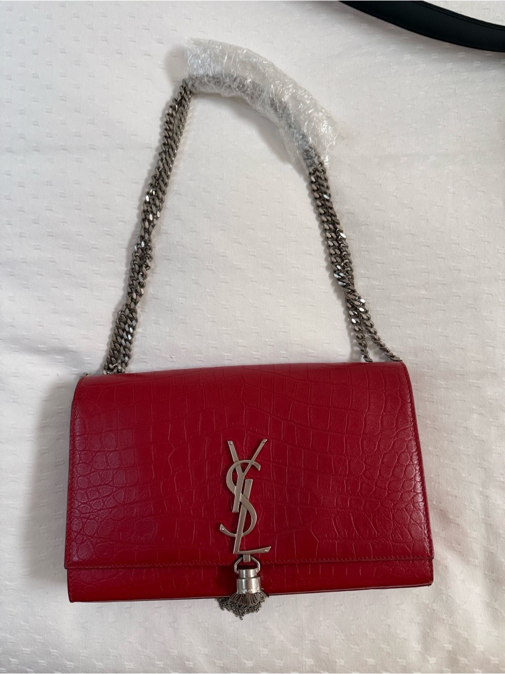 Saint Laurent Red Croc-Embossed Leather Tassel Chain Crossbody Bag - Picture 2 of 7